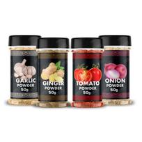HARIBAS Combo Dry Onion Powder, Garlic Powder, Ginger Powder (Adrak/Sunth) and Tomato Powder 50gm Each | For Cooking & Baking | Gluten Free Seaso