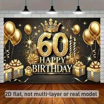 2D 60th Birthday Party Backdrop, Black Gold Glitter Celebration Banner 47.2x31.5inch/120*80cm