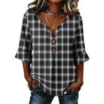 Ladies' plaid printed button casual V-neck fashionable seven quarter sleeve top L juoda