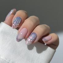 24PCS Short Almond Press on Nails Glitter Purple Gradient French False Nails 3D Patterns Fake Nail Tips Art Wearable Full Cover