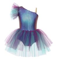Girls Ballerina Tutu Dress One Shoulder Sleeveless Mermaid Fish Scales Print Camisole Leotard Halloween Dance Costume 5-6 Years violetinė