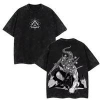 Anime Jujutsu Kaisen Fushiguro Megumi Makora Print Tshirt T-shirts Retro Washed Tee Short Sleeve T Shirt Streetwear M