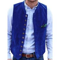 Men's Suede Vest with Multiple Pockets, Stand Collar, Casual Business Vest In Brown, Black, Wine Red, Blue, Olive Green L mėlyna