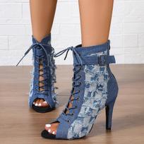 Fashion Denim Women Peep Toe Ankle Boots Fashion Elegant Breathable Shoes High Heel Women's Modern Short Booties Summer Botas Feminino 35 mėlyna