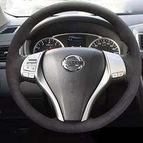 For Nissan Teana Altima X-Trail Qashqai Tiida Pulsar Navara 2016- Black Suede Hand-stitched Car Steering Wheel Cover Gray Thread