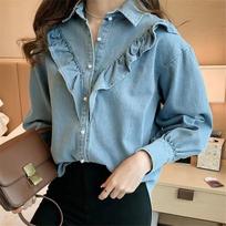 Ruffled Denim Shirt Women's Spring and Autumn Plus Size Loose Long-sleeved Blouse Bottoming Shirt M šviesiai mėlyna spalva