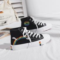 Men Women Summer Sneakers White Canvas Rainbow High Top Shoes Fashion Sneaker Woman Vulcanized Flats Suitable for Daily Wear and Various Occasions 39