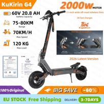 2026 m. versija KuKirin G4 elektrinis paspirtukas, 2000 W variklis, 60 V 20 Ah baterija, 11 colių padanga, 70 km/h maksimalus greitis, 75 km nuotolis, diskiniai stabdžiai G4-2000W 60V 20Ah
