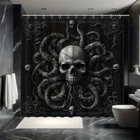 Deep Sea Skull Shower Curtain Set - Eerie Tentacle Background, Includes 12 Hooks, Waterproof Polyester, Modern Bathroom Decor W60H190(CM)-1 Pcs