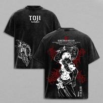 Jujutsu Kaisen Fushiguro Toji Sorcerer Killer Double-Sided Vintage Washed Oversized Anime Streetwear Unisex Casual Black T-Shirt L
