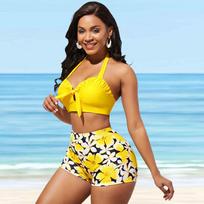 Moteriškas „Hellow Lotus Leaf Bow Print Bikini Tankini“ maudymosi kostiumėlis S geltona
