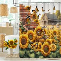 Saulėgrąžų Dušo Užuolaida - Akvarelinė Saulėgrąža ir Žali Lapai Sodybos Vonios Dekoracija, Rustic Gėlių 90x180CM