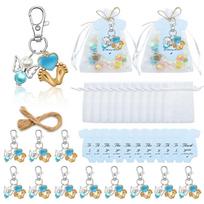 24pcs Baby Shower Favors Angelic Footprint Keychains with Organzas Bags and Cards for Party Decorations and Guest Gift mėlyna