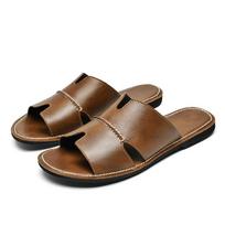 Aukščiausios klasės vasarinės naujos vyriškos odinės šlepetės-sandalai paplūdimiui, lauko, plokščiapadės, atvirais pirštais, madingi ir patogūs batai vyrams 38 ruda