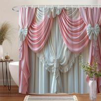 Elegantiška balta ir rožinė satino dušo užuolaida - nėriniuotos detalės, gėlių apdaila ir satino kaspinėliai, 12 kabliukų, puiki dovana kraustantis W60H190(CM)-1 Pcs