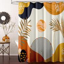Boho Mid Century Shower Curtain, Modern Colorful Orange Aesthetic Cute Funky Bathroom Decor, Abstract Plant Arch Sun Shower W60H190(CM)-1 Pcs
