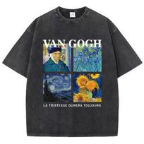 Fashion Women Washed T-Shirts Van Gogh La Tristesse Durera Toujours Printed Tops Cotton Oversize Crewneck Tees Clothes S