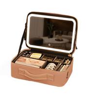 Makeup Bag with LED Mirror Travel Cosmetic Organizer with Adjustable Dividers USB Rechargeable Light-up Makeup Case with 3 Color Lights violetinė