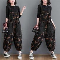 Loose Jeans Black Jumpsuit Lady Casual Oversized Baggy Cargo Pants Big Pockets Print Floral Denim Overalls Straps Jean Rompers S juoda