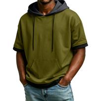 Men's Summer Hooded Fake Two Piece Pocket Top Men's Casual Comfortable Short Sleeved Shirt L armijos žalia spalva