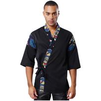Unisex Japanese Chef Kimono Jacket Floral Print 3/4 Sleeve Lace Up Sushi Coat Restaurant Workwear S