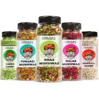 HARIBAS Mukhwas Burnos gaiviklis 5 vnt. pakuotė su sauf burnos gaivikliu, Žaliasis saulėgrąžų sėklų mišinys 180G, Punjabi 200G, Khas Chandan 180G, Rožių 200 gramų ir Madra