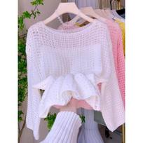 Spring and summer new hollow thin crew neck knitted sweater top loose lazy wind sunscreen blouse pullover woman one size fits all geltona