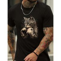 Men's Fun Boxing Cat Pattern T-Shirt Black Sleeve Top Couple Same Fabric Street Style Suitable for Sports S