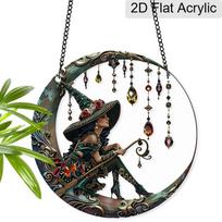 Acrylic Witch on Crescent Moon with Crystals Suncatcher, Stained Glass Effect Window Hanging Ornament for Witchcraft & Fantasy Lover Gifts 20cm/7.87Inch