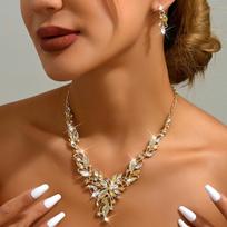 Luxury Gold Flower Leaf Necklace Earring Set for Bridal Wedding Banquet Exquisite Heavy Industry Accessories