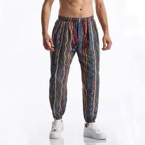 Vasaros medvilnės ir lino vyriškos laisvalaikio kelnės su raišteliu, grafiniu spaudiniu, boho, tribal, vintage, kelnės lauko veiklai, bėgimo, sportinės kelnės M ruda