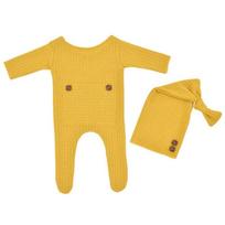 2 Pcs Hat Romper Baby Girls Boys Newborn Photography Props Knitted Jumpsuit Long Tail Cap geltona