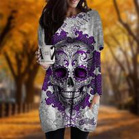 New In Autumn Skeleton Cloud Print Plus Size Dress Women O'neck Long Sleeves Casual Pocket Dresses XS violetinė