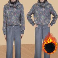 Fashion Floral and Velvet Hooded Sweater Suit Autumn and Winter Casual Cardigan Sweater Korean Two-piece Suit XXXXL