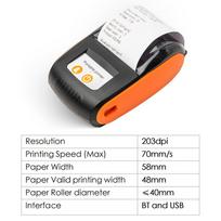 Nešiojamas kvitų spausdintuvas 58 mm Mini terminis spausdinimas Belaidis BT USB Mobilus spausdintuvas su 2 colių terminio popieriaus ruleliu oranžinė