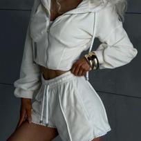 Casual Women's Velvet Color Blocking Line Pockets Long-sleeved Cardigan Coat Shorts Two-piece Set XL balta