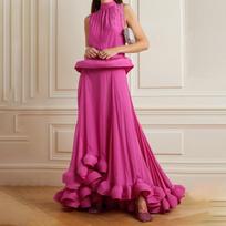 Pleated Stand-neck Sleeveless Top Asymmetrical Stitching Flounce Skirt Two-piece Set S rožinė raudona spalva