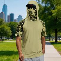 Men's summer camouflage gradient drying short-sleeved T-shirt, sun clothing, fishing, fitness, sports, hooded short-sleeved shirt L smėlis