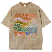 Colorful Flower Pattern T-shirt Retro water wash vintage men's and women's Clothing Short sleeve S