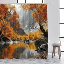 Rudens miško dušo užuolaidos Raudoni klevai Krentantys lapai Kelias Rudens peizažas Audinys Namų vonios užuolaidos Dekoracija su kabliukais W60H190(CM)-1 Pcs gray