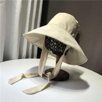 Japoniška lininė kibiro kepuraitė su ilgu raišteliu - Platus kraštas veido apsaugai nuo saulės moterims, Korėjietiško stiliaus vasarinė paplūdimio kelioninė kepurė adjustable smėlis
