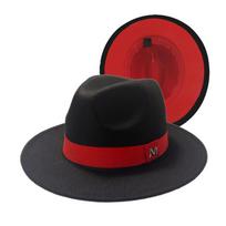 Madingi juodi išorėje, raudoni viduje vilnos veltinio Jazz Fedora skrybėlės su plona sagtimi vyrams, moterims, su plačiu kraštu, Panama Trilby kepurė 56-58CM 56-58CM black