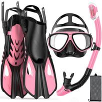 Mask Fins Snorkel Set 4 in 1 Panoramic View Dry Top Adjustable Short Dive Flippers Travel Bag Scuba Gear Diving Swimming Adults S/M rožinė