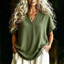 Women's Fashionable Casual V-neck Short-sleeved Loose-fitting Shirt T-shirt L armijos žalia spalva