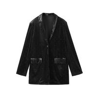 Velvet Diamond Decorated Black Blazer Woman Loose V-neck Suit Coat Fashion Casual Full Sleeve Solid Jacket Commute Spring Autumn S juoda