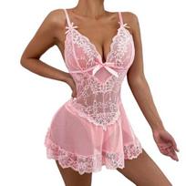 Seksualus moteriškas nėriniuotas babydoll naktinis su lankeliu ir dirželių rinkiniu G-string Thong Gėlėtas Nėrinys Boudoir Apranga S rožinė