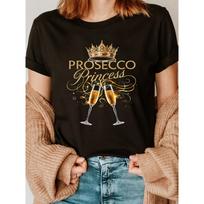 Moteriški Prosecco Princesės Karūnos Grafikos Marškinėliai - Juodi Atsitiktiniai Apvalios Kaklo Trumpomis Rankovėmis Viršutiniai Drabužiai S juoda