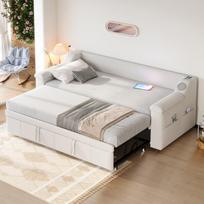 Polsterinė lova 90/180x190 cm, su Bluetooth garsiakalbiu, USB, stalčiais, aksomas, beige(Čiužinys neįskaičiuotas)