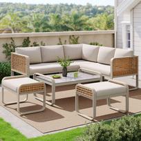 Lauko poilsio komplektas rataninis, kampinė sofa, reguliuojamos kojos, pagalvės, 6–7 vietos, smėlio spalvos