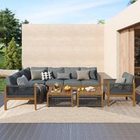 Lauko baldų komplektas 7-8 vietų, sofa, stalas, pagalvės, skalbiamas audinys, natūrali/pilka